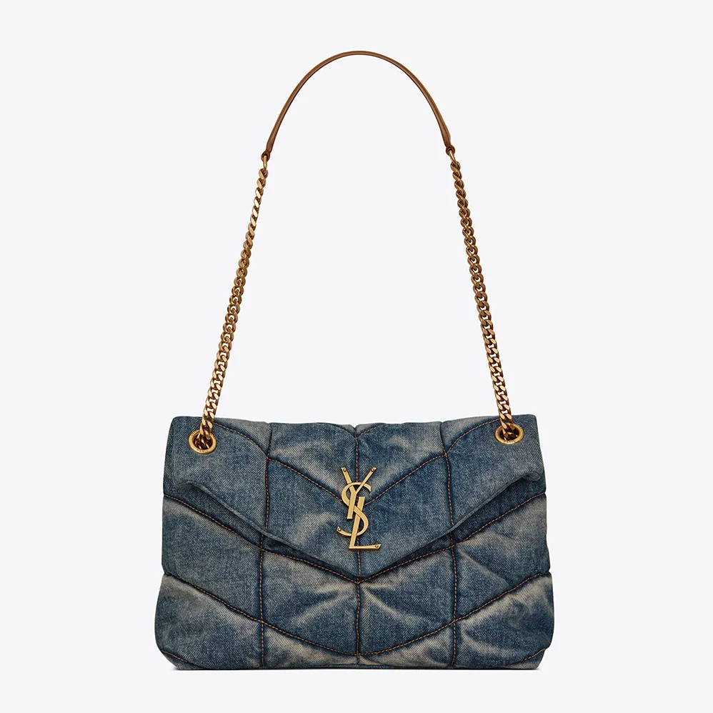 Saint Laurent YSL Puffer Small Bag in Quilted Vintage Denim and Suede for Women Saint Laurent YSL Puffer Small Bag in Quilted Vintage Denim and Suede for Women