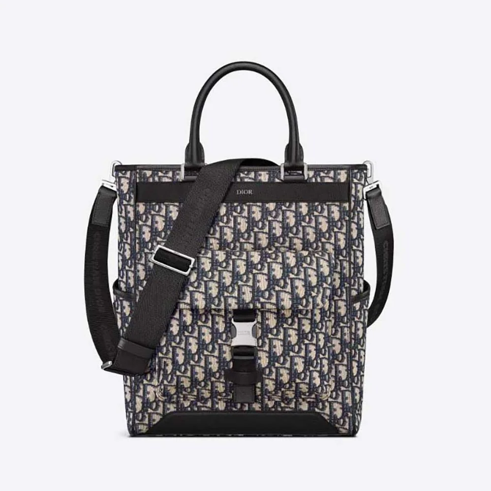 Dior Explorer Tote Bag Beige and Black Dior Oblique Jacquard and Black Grained Calfskin for Men