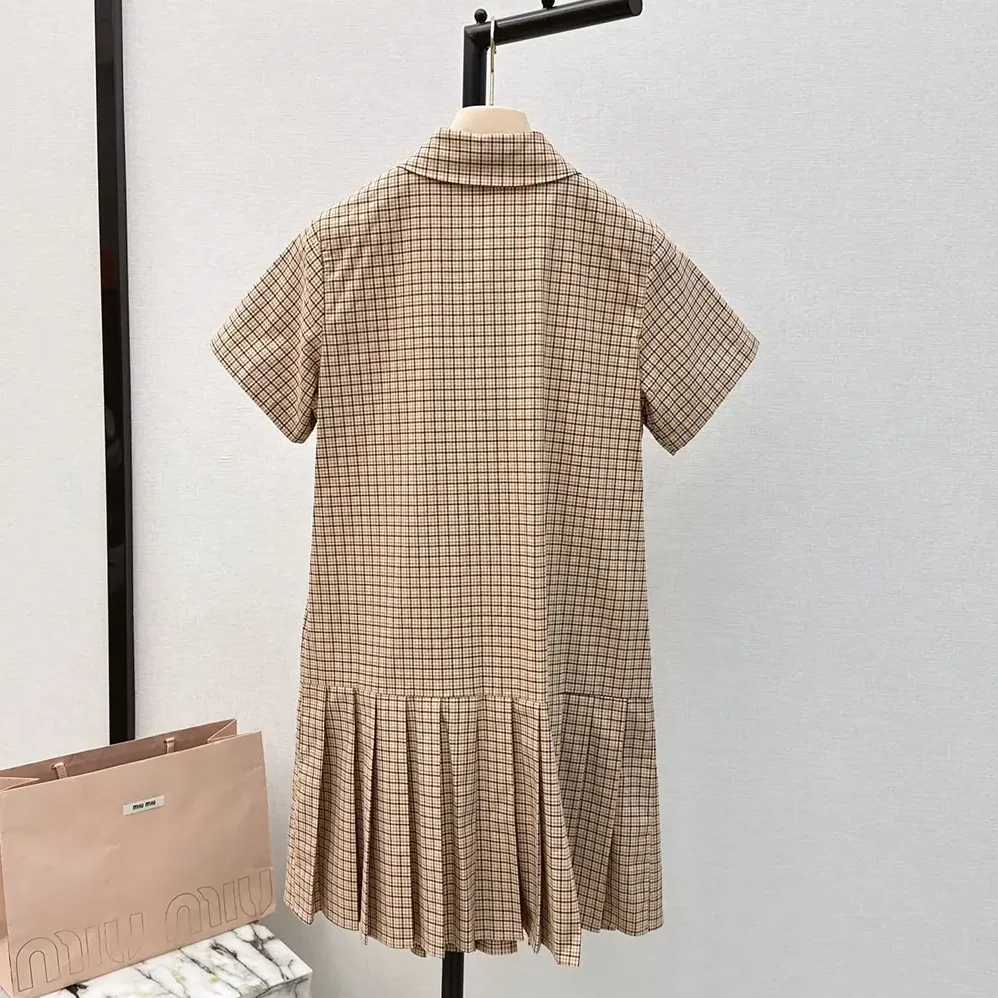 Miu Miu Pleated Check Dress with Embroidered Logo for Women