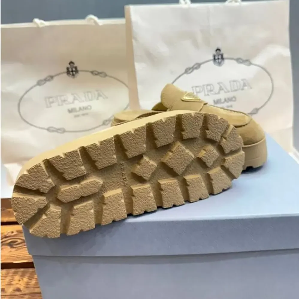 Prada Suede Flatform Mules with Enameled Metal Triangle Logo for Women