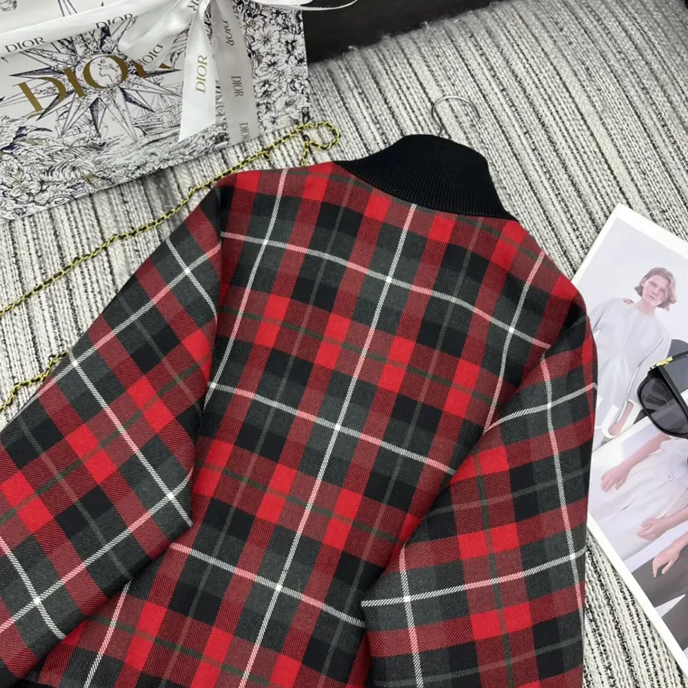 Dior Cannage Bomber Jacket with Vest Red, Gray and Black Check'n'Dior Virgin Wool for Women