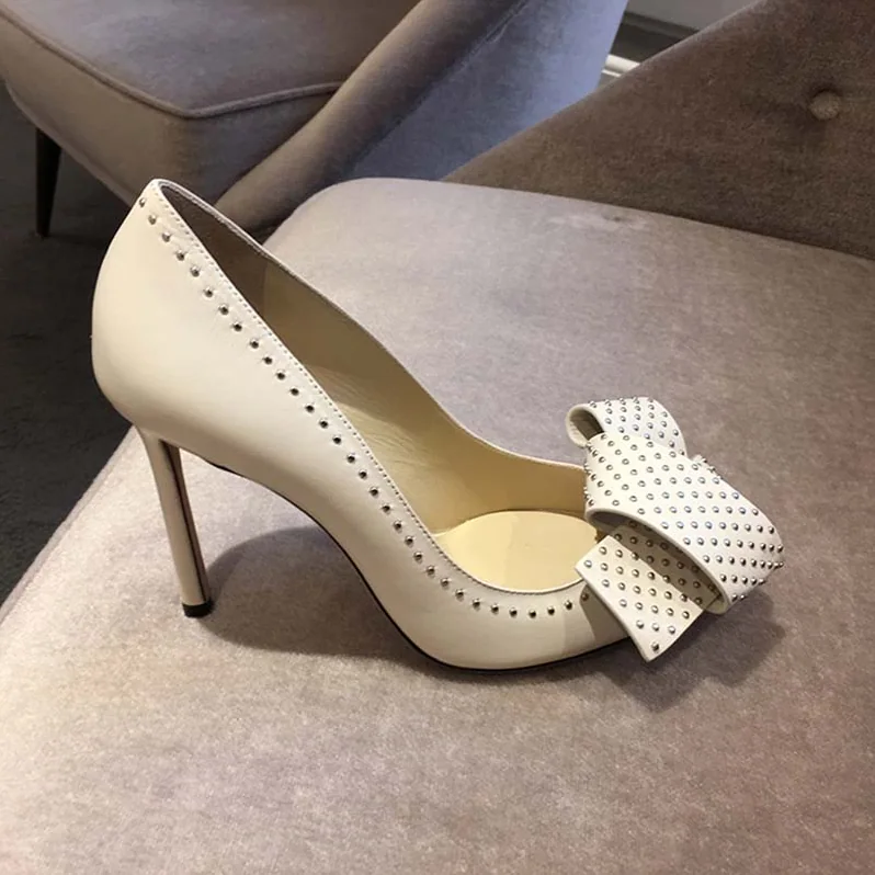 Jimmy Choo Tegan 100 Kid Leather with Studded Bow Detailing Shoes White for Women Jimmy Choo Tegan 100 Kid Leather with Studded Bow Detailing Shoes White for Women