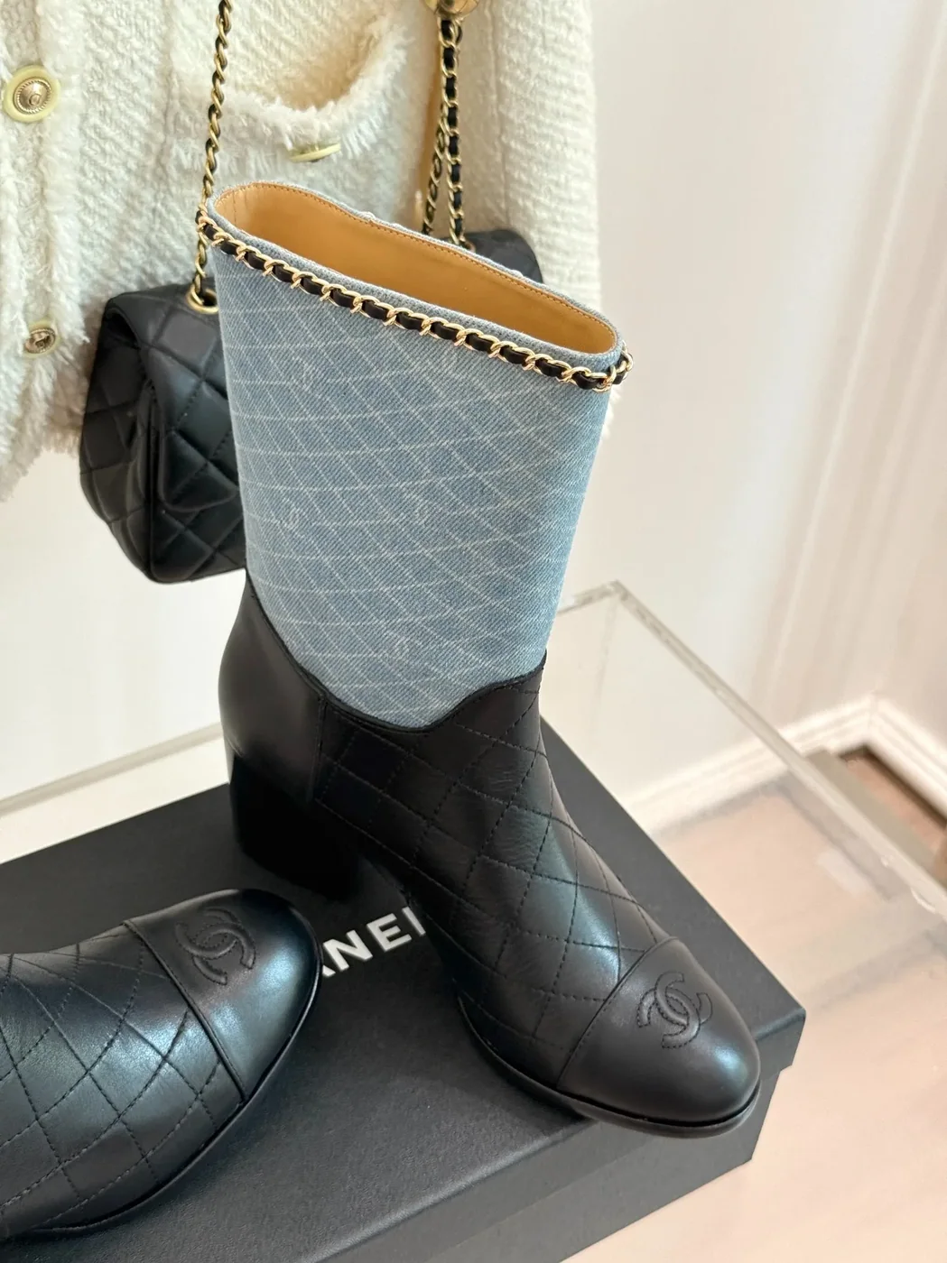 Chanel Double C Chunky Heel Boots With Chain Detail Light Blue Denim