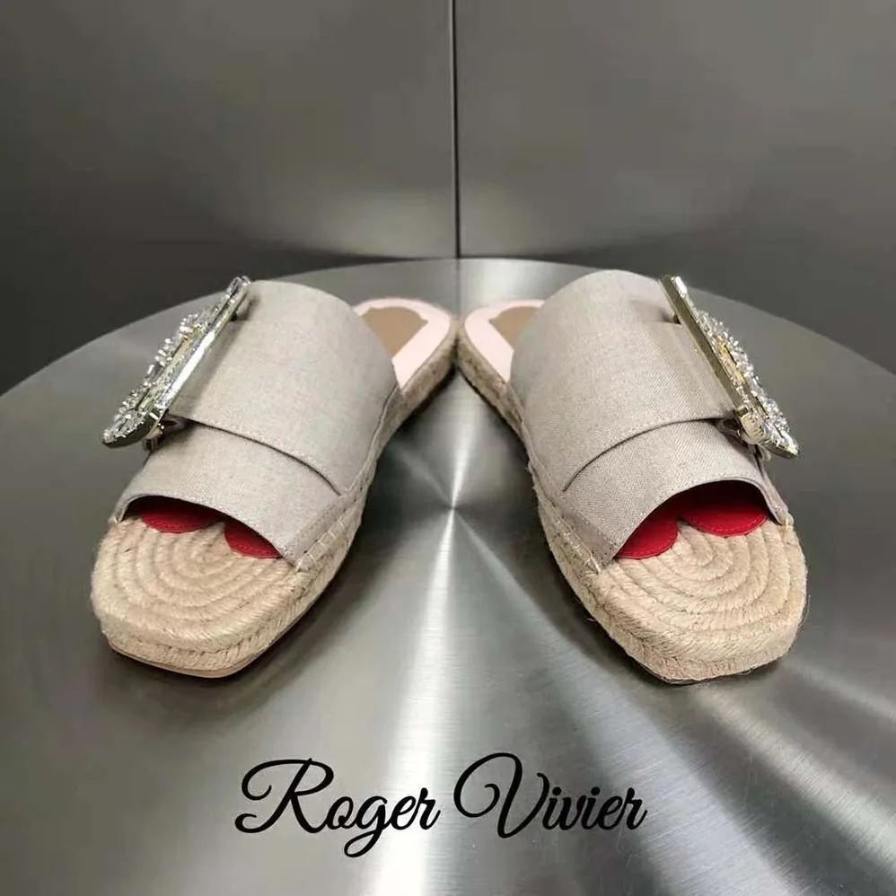 Roger Vivier Strass Buckle Espadrille Mules in Soft Leather for Women Roger Vivier Strass Buckle Espadrille Mules in Soft Leather for Women
