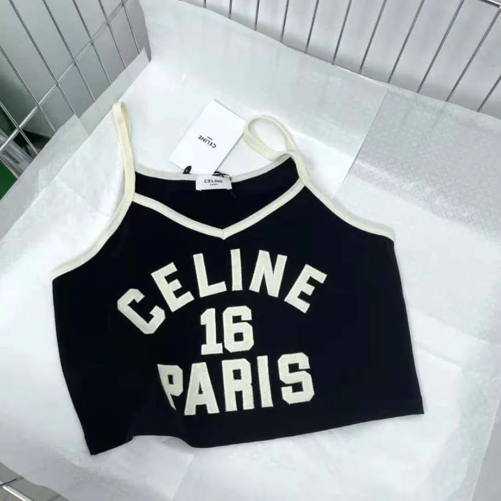Celine Embroidered Celine 16 Vest Top in Cotton Jersey for Women in Black Celine Embroidered Celine 16 Vest Top in Cotton Jersey for Women in Black