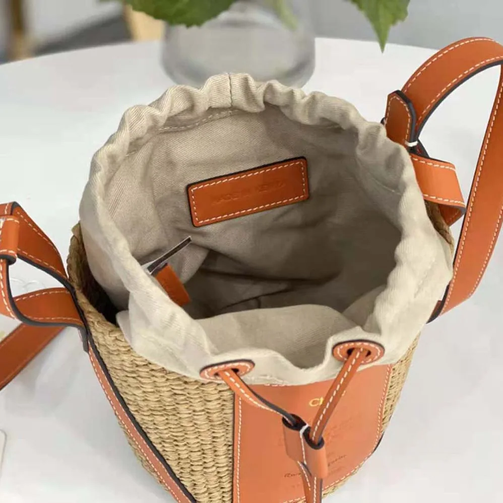 Chloe Small Basket in Fair-Trade Paper and Shiny Calfskin for Women in Orange