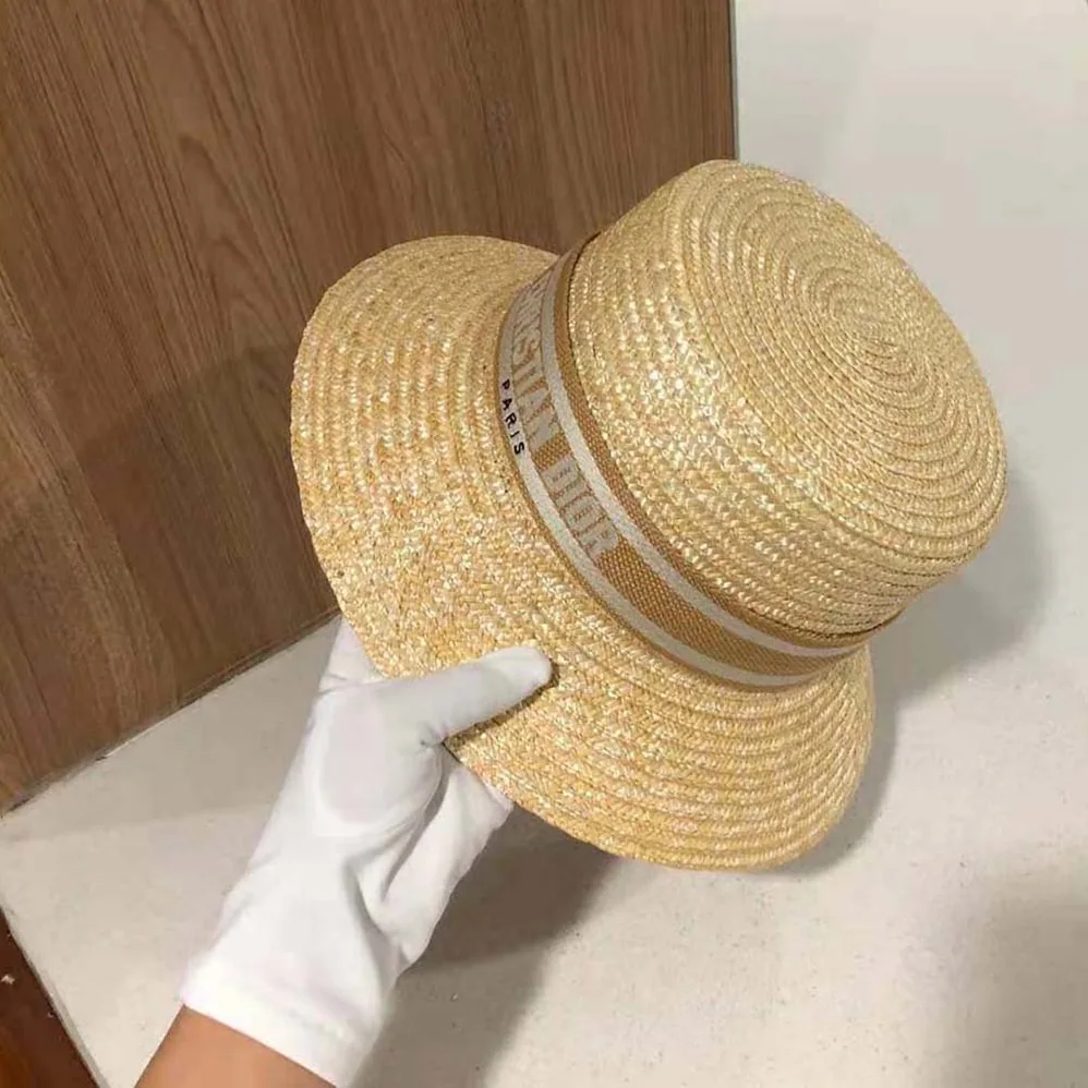 Dior Dioresort Small Brim Hat Natural Straw and Pink Embroidered Band for Women