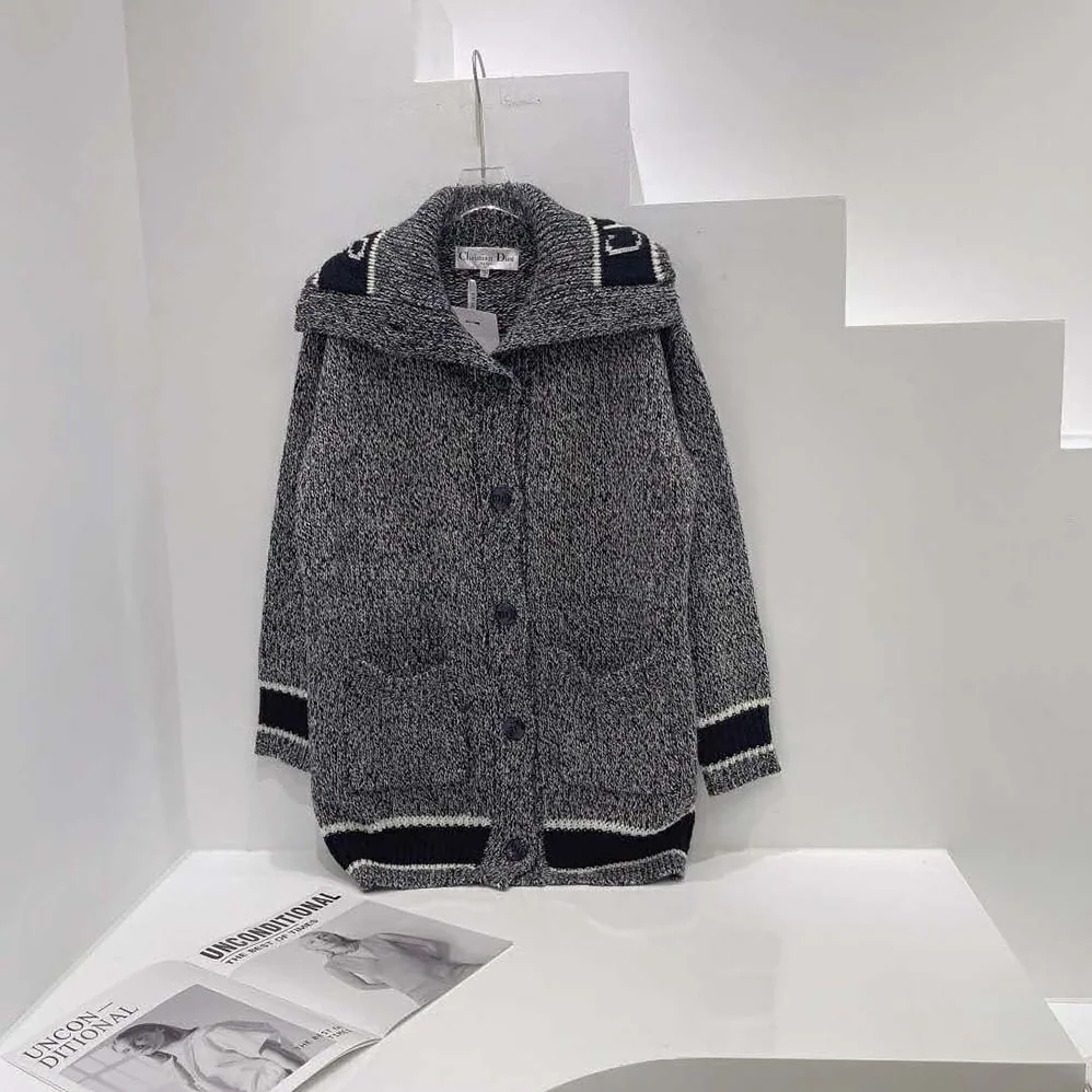 Dior Long Cardigan Navy Blue and White Wool and Cashmere Mouline for Women Dior Long Cardigan Navy Blue and White Wool and Cashmere Mouline for Women