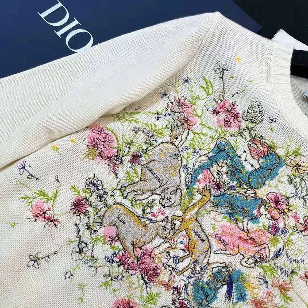 Dior Chez Moi Sweater Ecru Cashmere Intarsia Knit with Multicolor D for Women in Constellation Motif Dior Chez Moi Sweater Ecru Cashmere Intarsia Knit with Multicolor D for Women in Constellation Motif