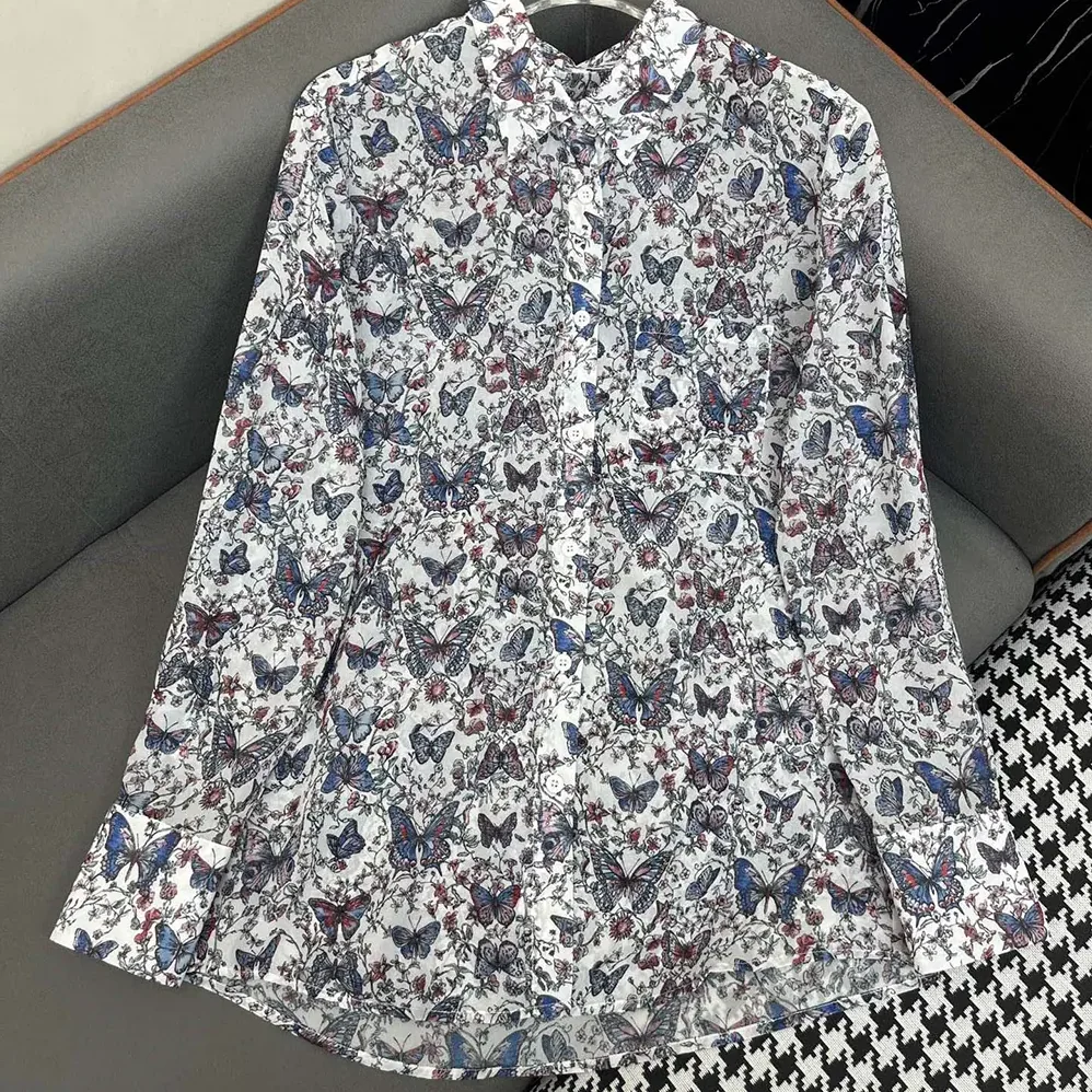 Dior Blouse White Cotton Muslin with Multicolor Toile de Jouy Papillon Motif for Women Dior Blouse White Cotton Muslin with Multicolor Toile de Jouy Papillon Motif for Women
