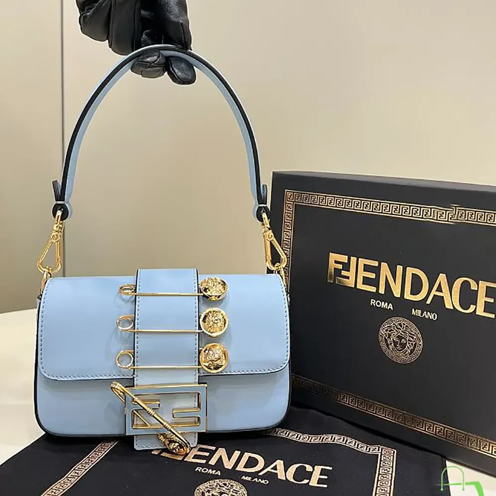 Fendi Brooch Mini Baguette Fendace Blue Leather Bag for Women Fendi Brooch Mini Baguette Fendace Blue Leather Bag for Women