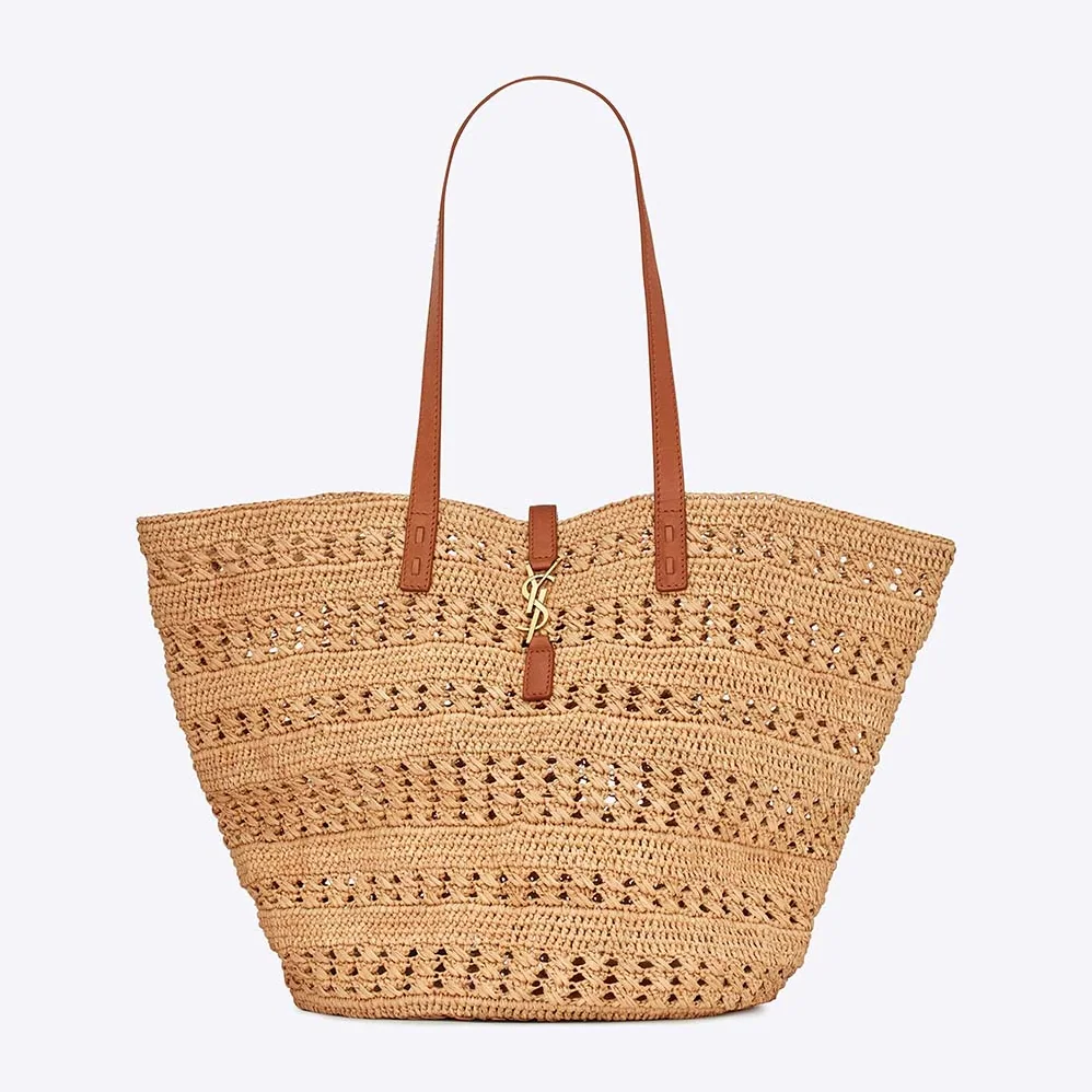 Saint Laurent YSL Panier Medium Bag in Crochet Raffia and Smooth Leather for Women