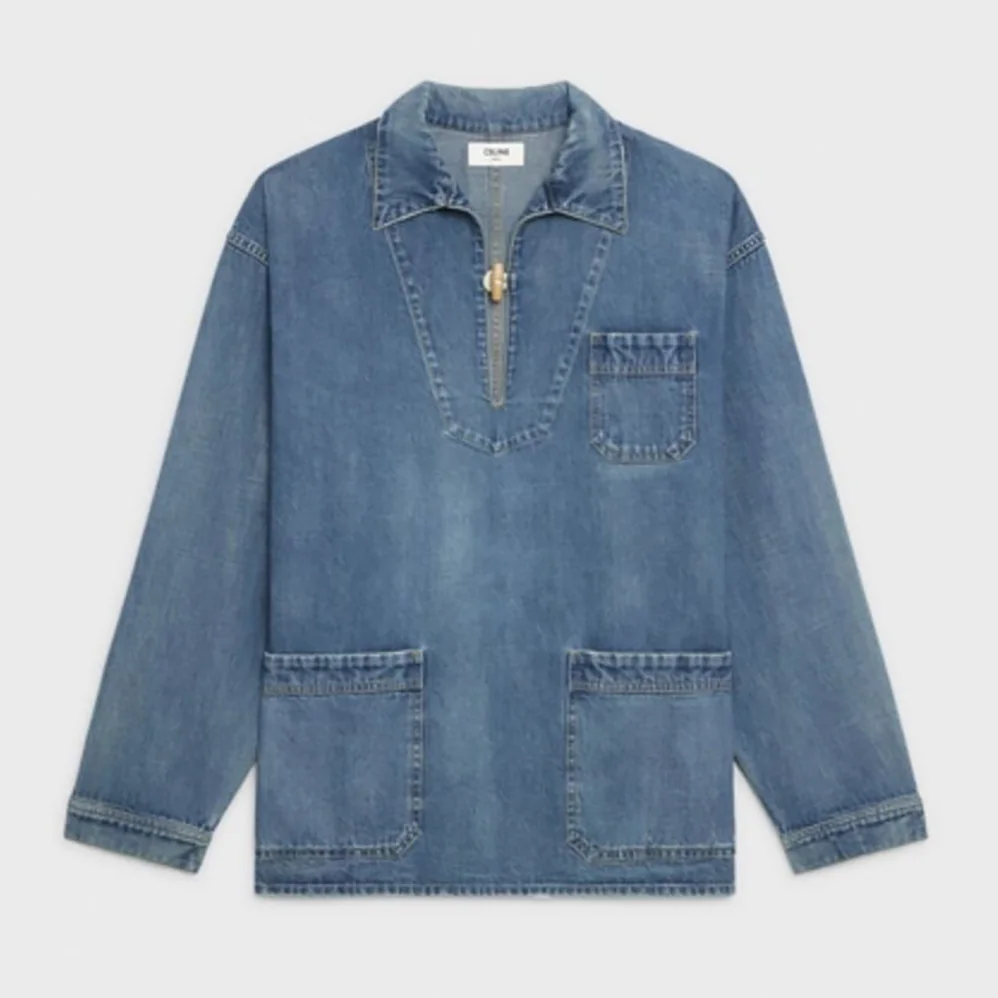 Celine Open-Collar Sweater in Pacific Sky Wash Denim for Women in Navy