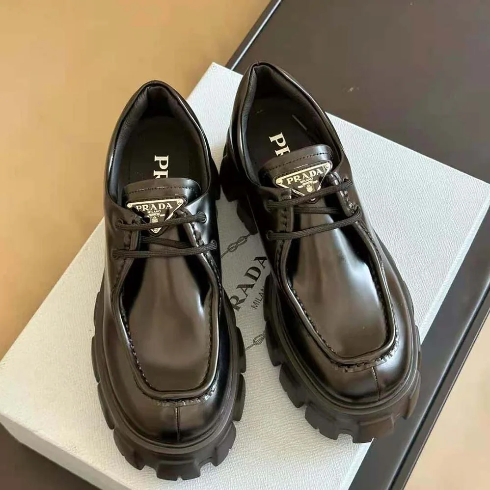 Prada Monolith Brushed Leather Lace-up Shoes for Women in Black Prada Monolith Brushed Leather Lace-up Shoes for Women in Black