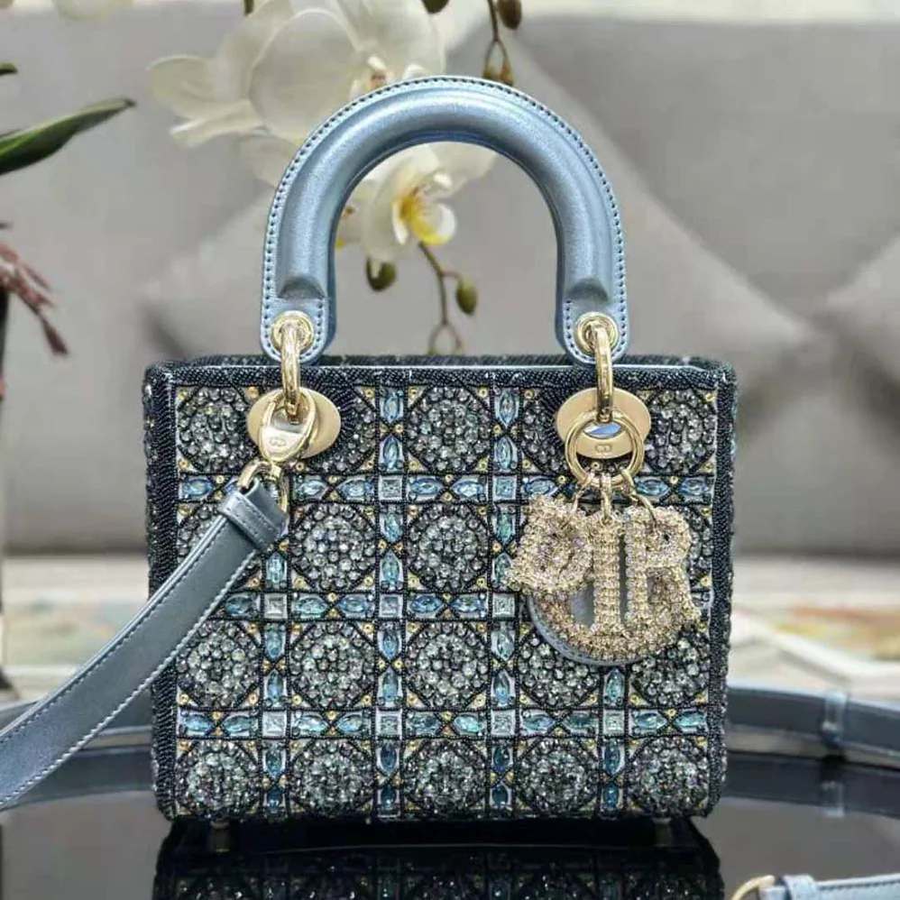 Dior Small Lady Dior Bag Metallic Calfskin and Satin with Celestial Blue Bead Embroidery for Women