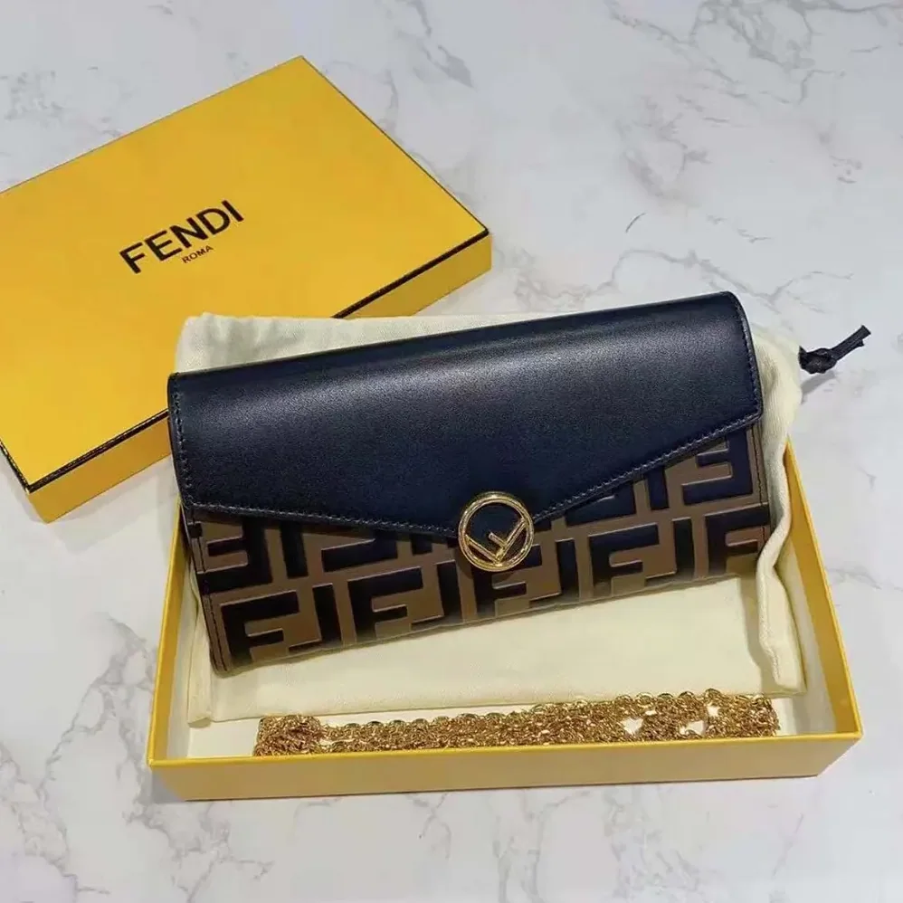 Fendi FF With Chain Brown Leather Wallet for Women