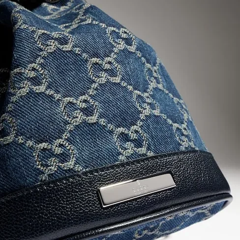 Gucci Bucket With Gucci Plaque Mini Shoulder Bag / Dark Blue Denim Palladium Hardware Gucci Bucket With Gucci Plaque Mini Shoulder Bag / Dark Blue Denim Palladium Hardware