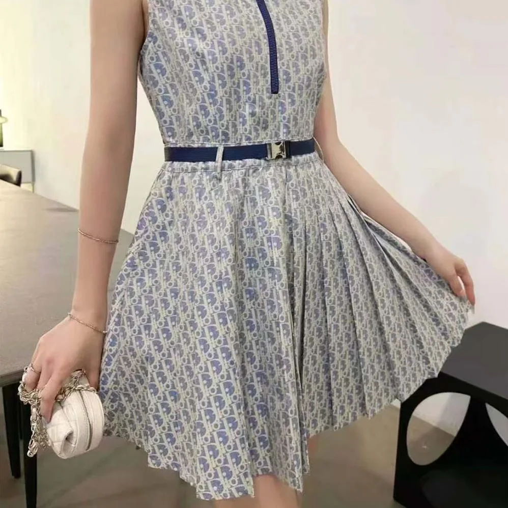 Dior Pleated Short Dress Light Blue and Ecru Technical Taffeta Jacquard for Women Dior Pleated Short Dress Light Blue and Ecru Technical Taffeta Jacquard for Women