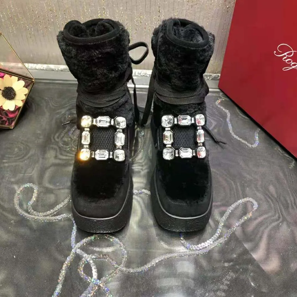 Roger Vivier Viv' Rangers Strass Buckle Flatform Booties in Suede for Women in Black Roger Vivier Viv' Rangers Strass Buckle Flatform Booties in Suede for Women in Black