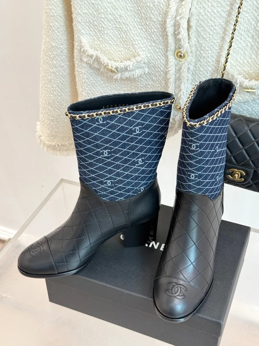 Chanel Double C Chunky Heel Boots With Chain Detail Blue Denim Chanel Double C Chunky Heel Boots With Chain Detail Blue Denim