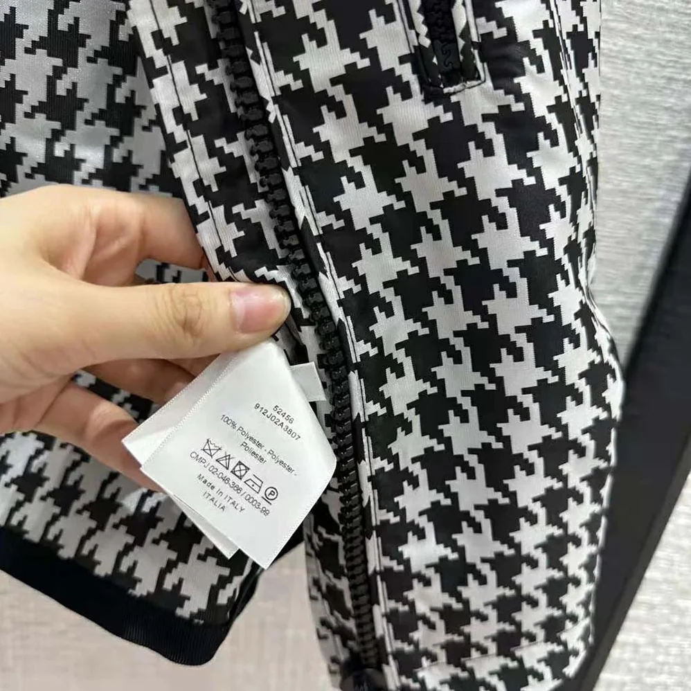 Dior Hooded Sleeveless Vest Black and White Technical Taffeta Jacquard with Macro Houndstooth Motif for Women