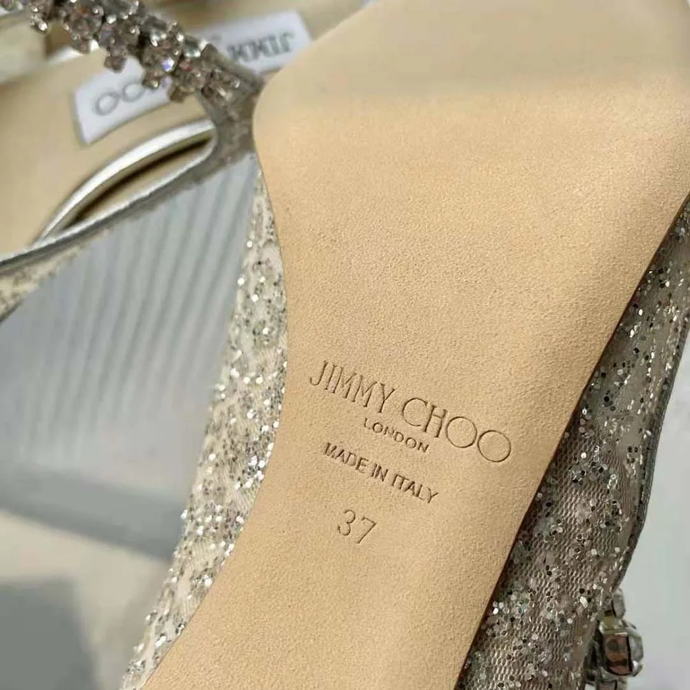 Jimmy Choo BING 100 Silver Glitter Tulle Mules with Crystal Strap for Women