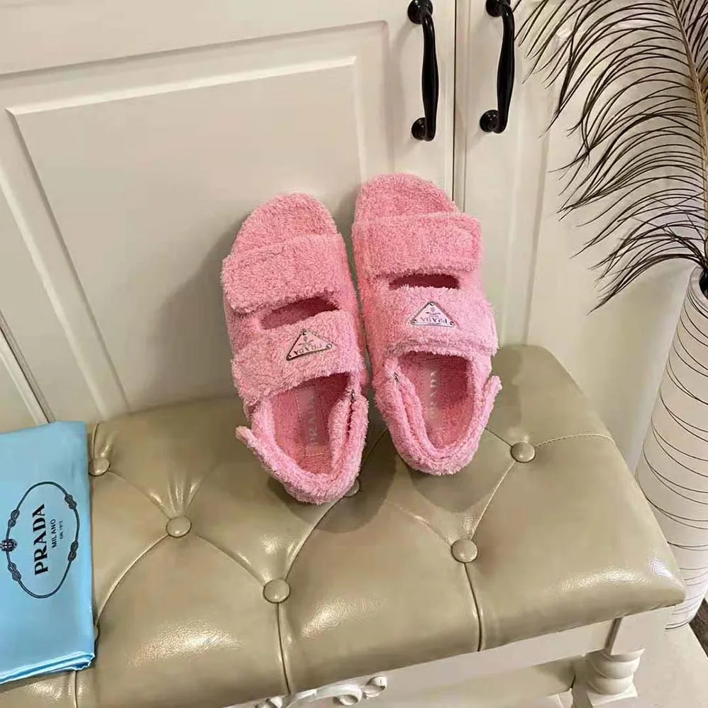 Prada Terrycloth Sandals with Enameled Metal Triangle Logo for Women in Pink