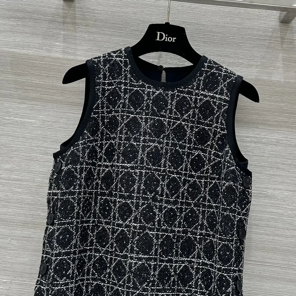 Dior Macrocannage Sleeveless Tunic Black and White Cotton Blend Tweed for Women