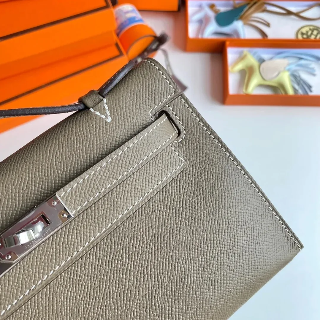 Hermes Kelly Pochette Top Handle Bag in Etoupe Epsom Palladium Hardware Hermes Kelly Pochette Top Handle Bag in Etoupe Epsom Palladium Hardware