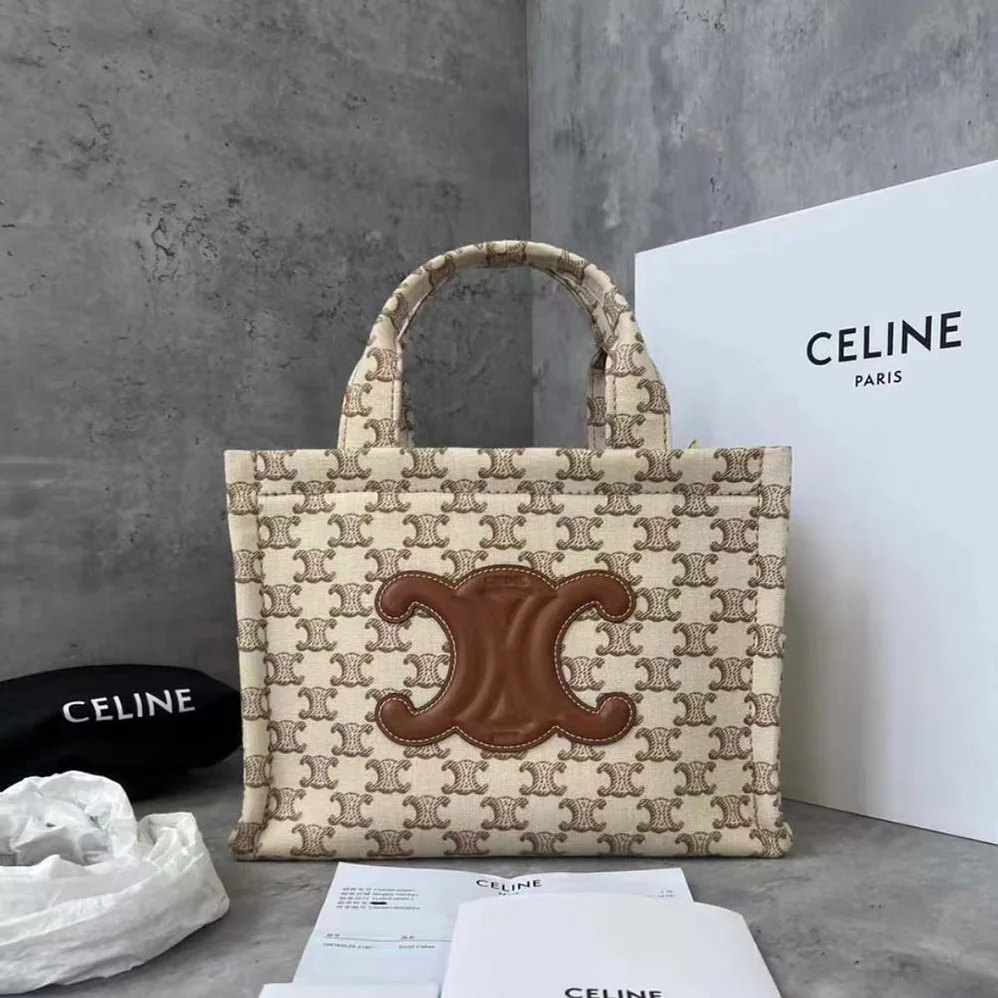 Celine Small Cabas Thais in Textile with Triomphe Canvas Print and Calfskin for Women in Beige
