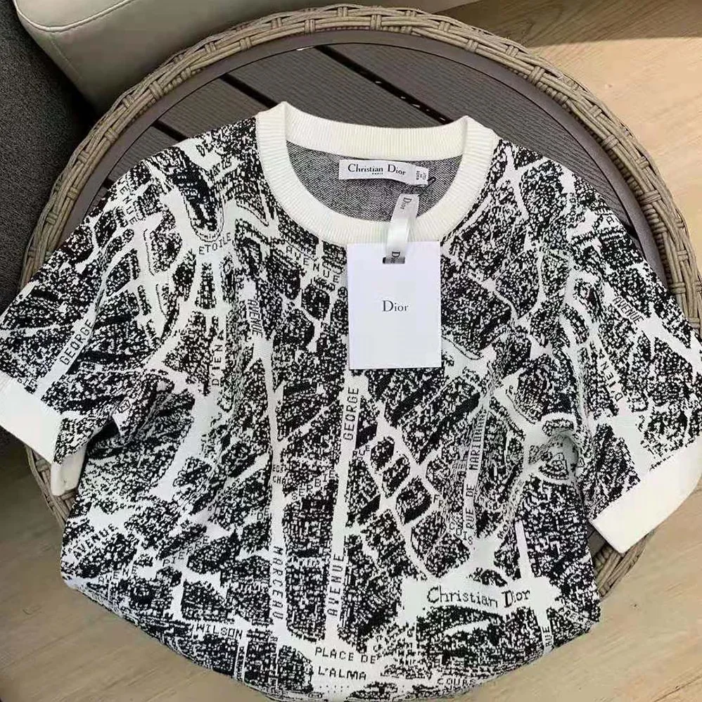 Dior T-shirt White and Black Linen, Cashmere and Silk Knit with Plan de Paris Motif for Women