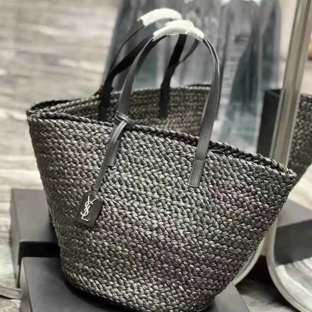 Saint Laurent YSL Panier Medium Bag in Raffia for Women in Black