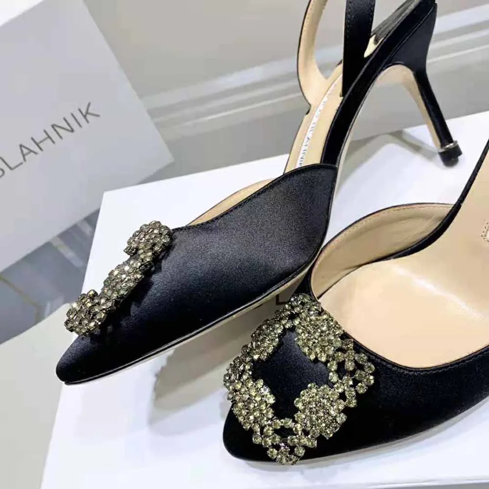 Manolo Blahnik Black Satin Jewel Buckle Slingback Pumps for Women Manolo Blahnik Black Satin Jewel Buckle Slingback Pumps for Women