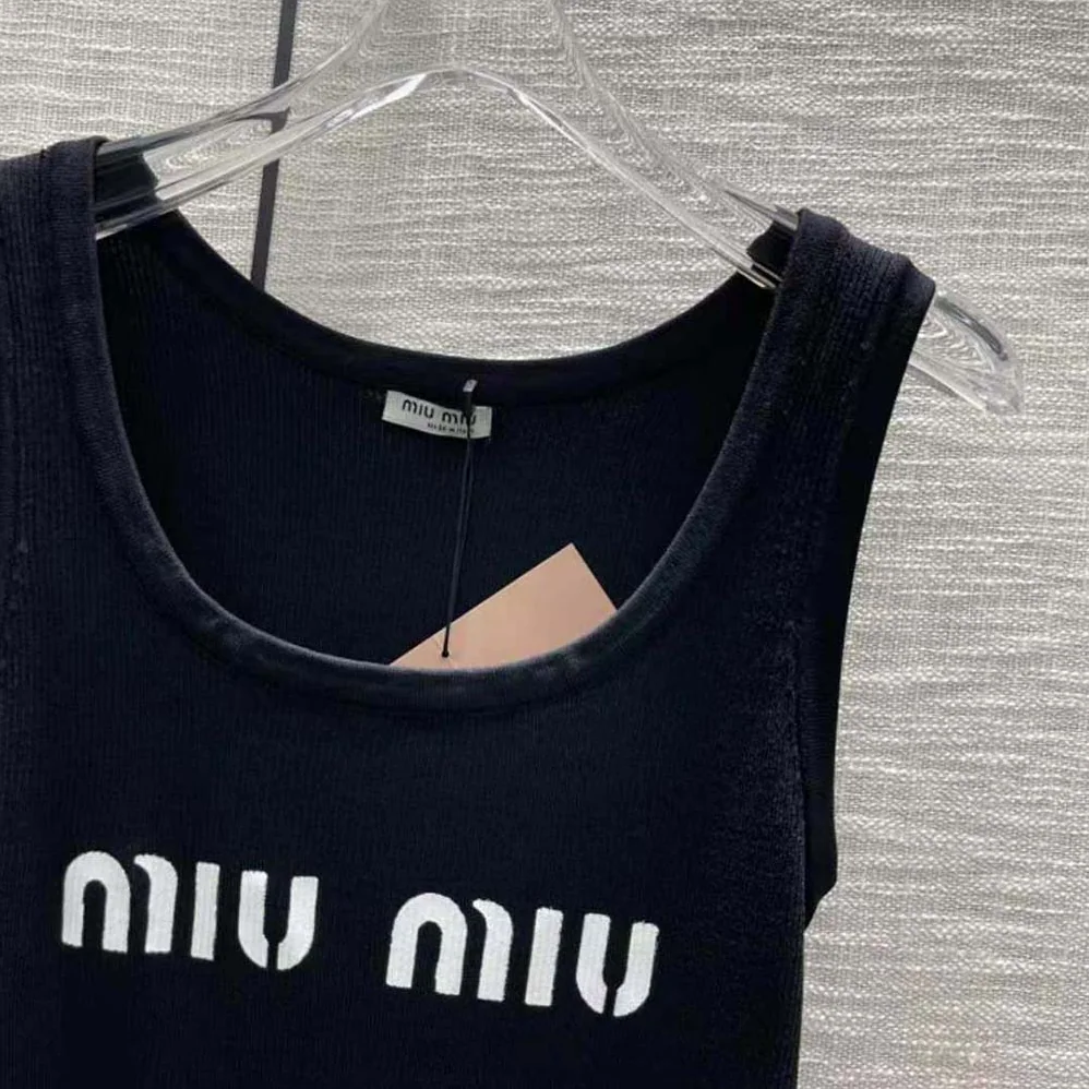 Miu Miu Viscose Tank Top with Intarsia Logo for Women in Black Miu Miu Viscose Tank Top with Intarsia Logo for Women in Black