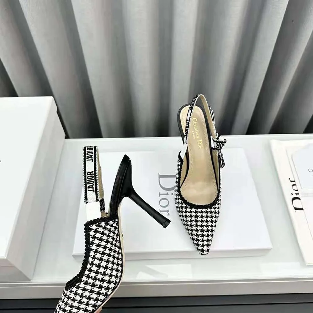 Dior J'Adior Slingback Pump White and Black Micro for Women in Houndstooth Embroidered Cotton