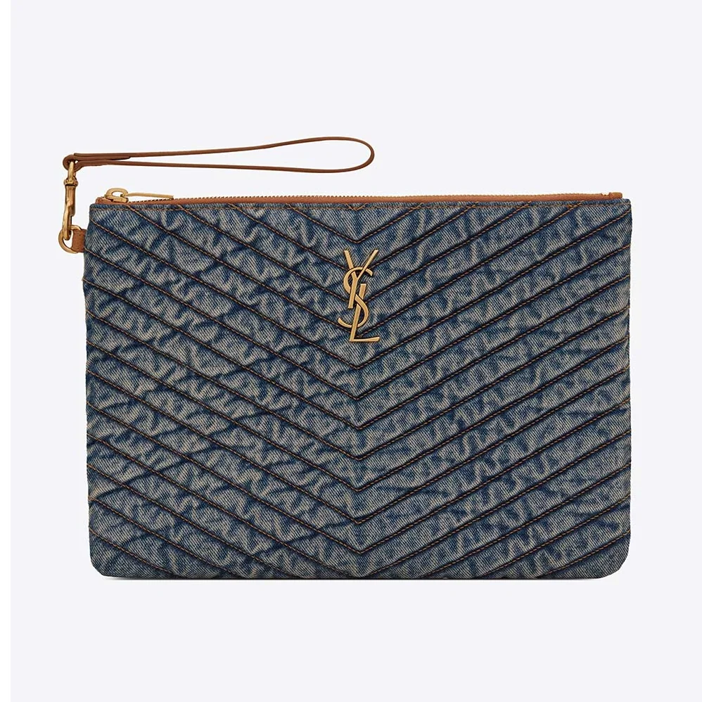 Saint Laurent YSL Monogram Tablet Pouch in Quilted Vintage Denim and Suede for Women Saint Laurent YSL Monogram Tablet Pouch in Quilted Vintage Denim and Suede for Women