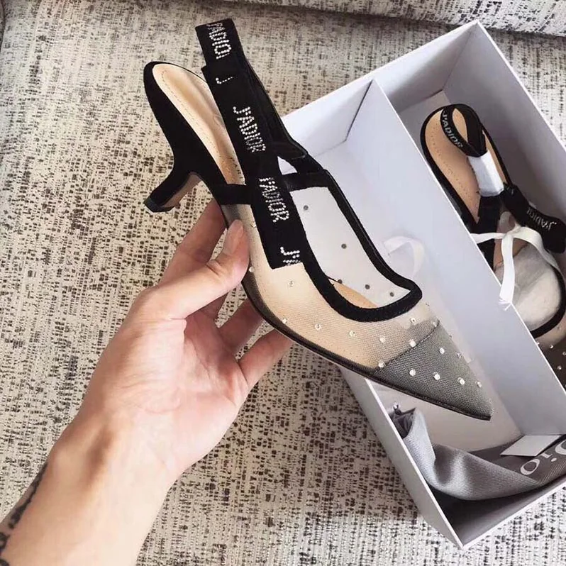 Dior J'Adior Slingback Nude Dotted Swiss Rhinestones Ribbon Adorned Rhinestones for Women