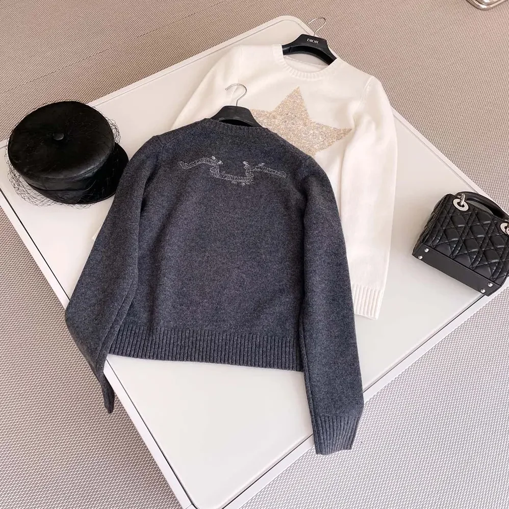 Dior Embroidered Sweater Gray Cashmere Knit for Women