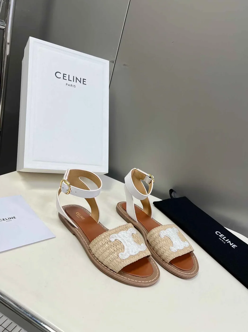Celine Lympia Flat Strap Sandal In Raffia White .02GH