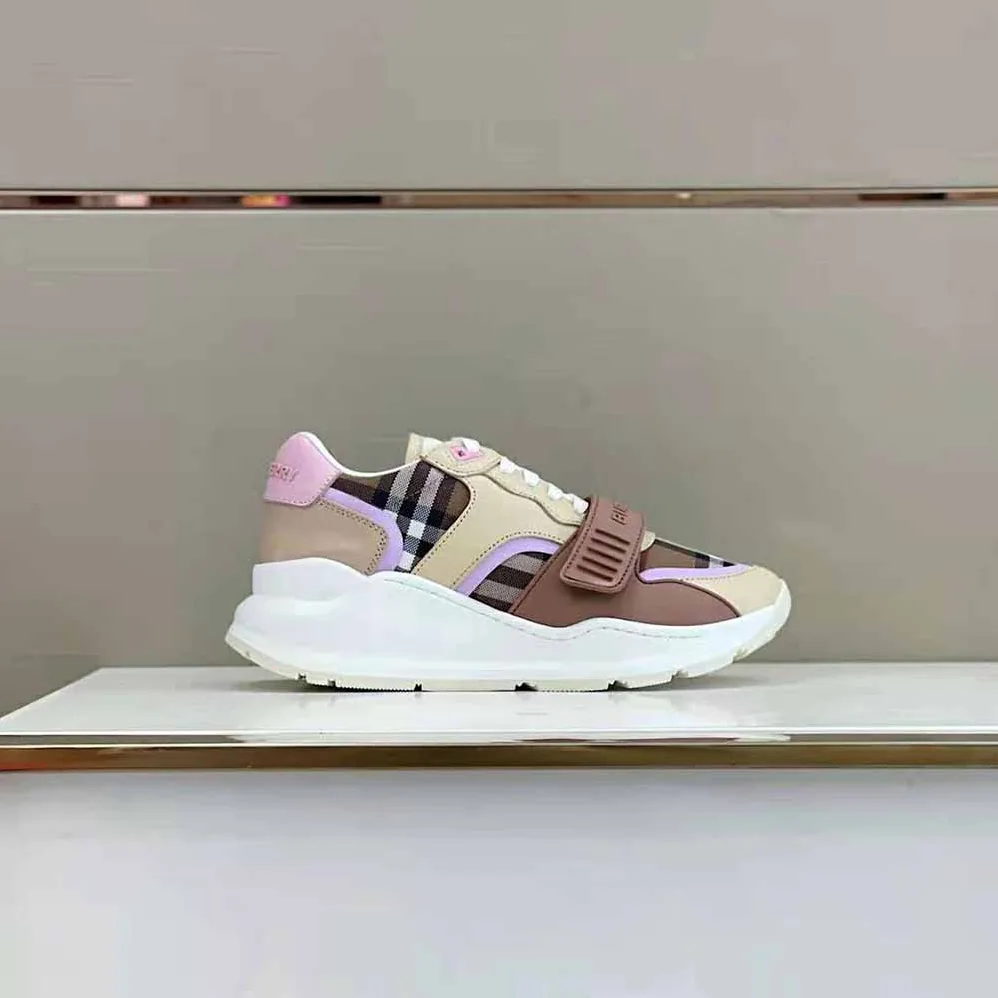 Burberry Check Cotton and Leather Sneakers for Women in Pink