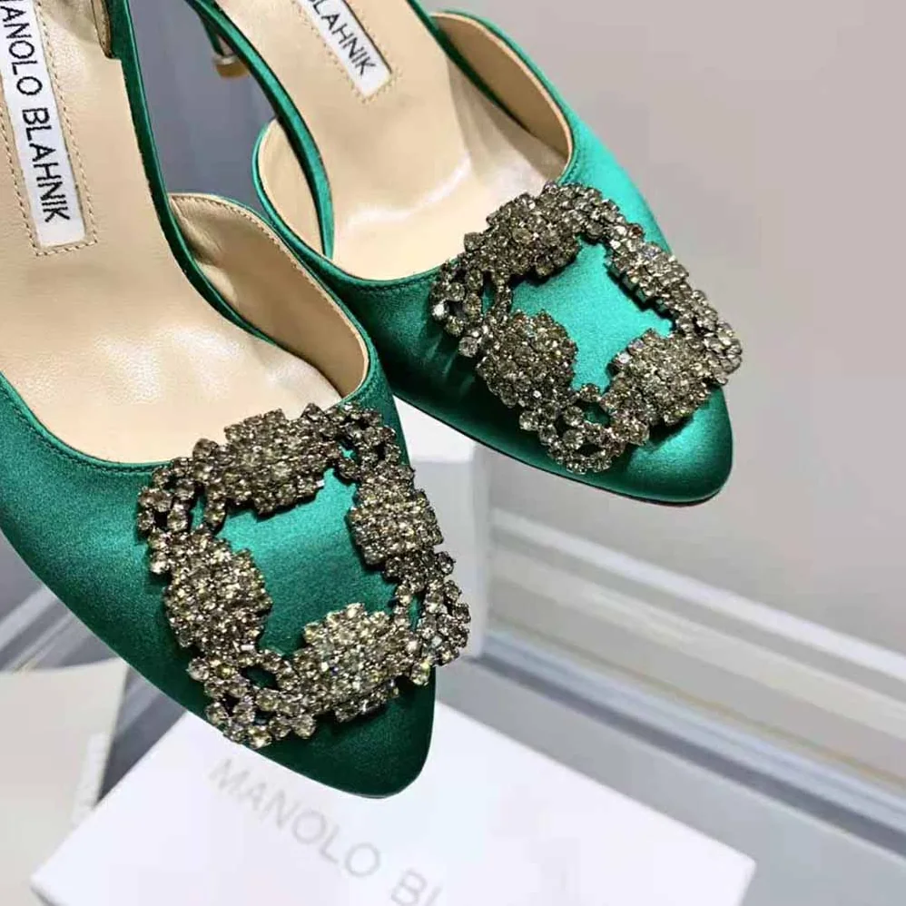 Manolo Blahnik Green Satin Jewel Buckle Slingback Pumps for Women Manolo Blahnik Green Satin Jewel Buckle Slingback Pumps for Women