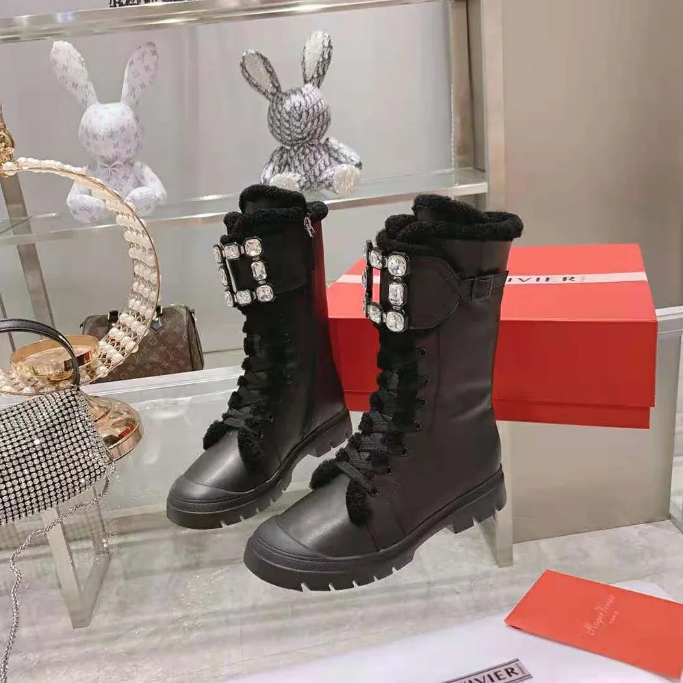Roger Vivier Walky Viv' Shearling Strass Buckle Boots in Leather for Women in Black Roger Vivier Walky Viv' Shearling Strass Buckle Boots in Leather for Women in Black