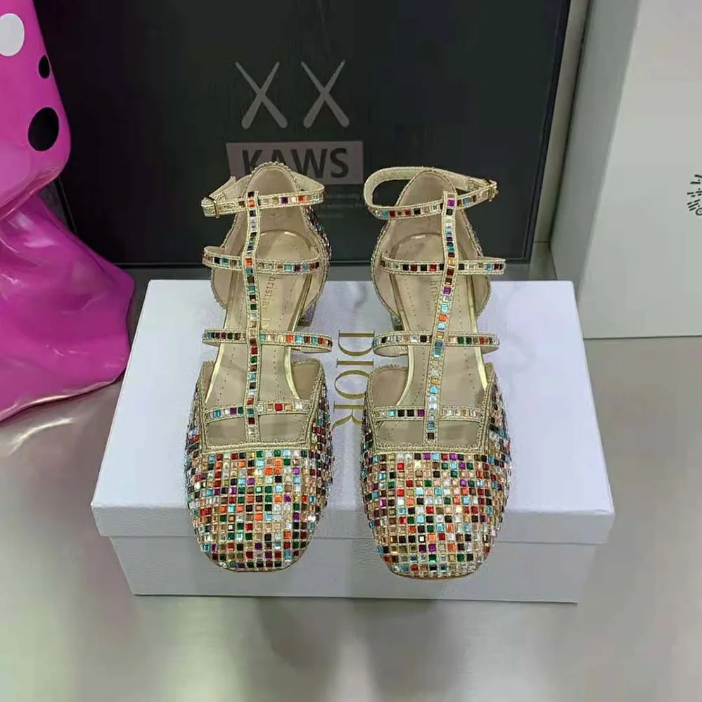 Dior Arty Ballerina Flat Gold-Tone Cotton Embroidered with Metallic Thread and Multicolor Square Strass for Women Dior Arty Ballerina Flat Gold-Tone Cotton Embroidered with Metallic Thread and Multicolor Square Strass for Women
