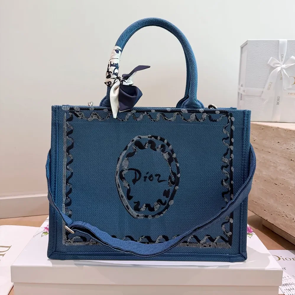 Dior Dioriviera Medium Dior Book Tote with Strap Blue-Greige Dior Painted Ribbon Embroidery for Women Dior Dioriviera Medium Dior Book Tote with Strap Blue-Greige Dior Painted Ribbon Embroidery for Women