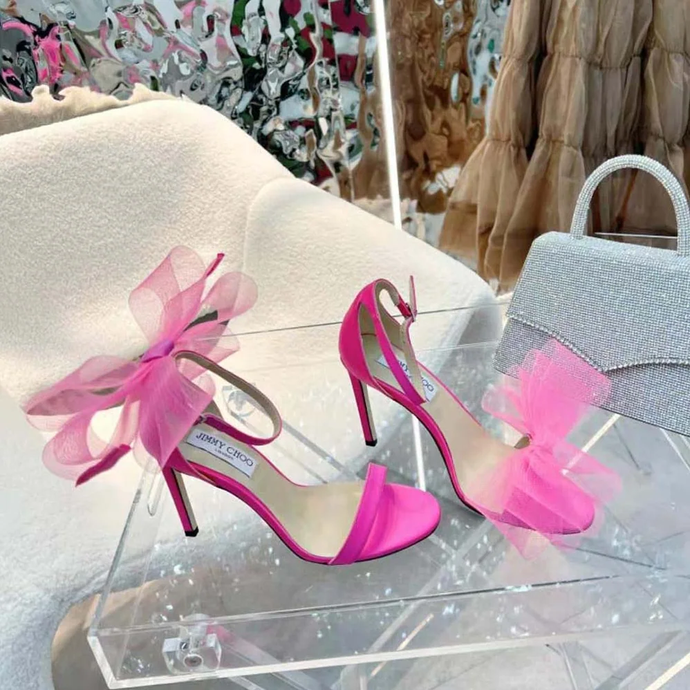 Jimmy Choo Aveline 100 Fuchsia Sandals with Asymmetric Grosgrain Mesh Fascinator Bows for Women