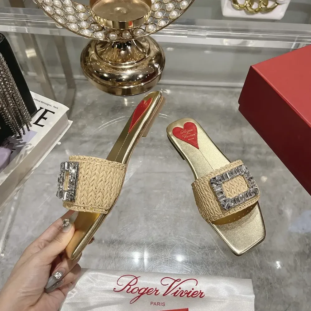 Roger Vivier Strass Buckle Slides in Raffia for Women