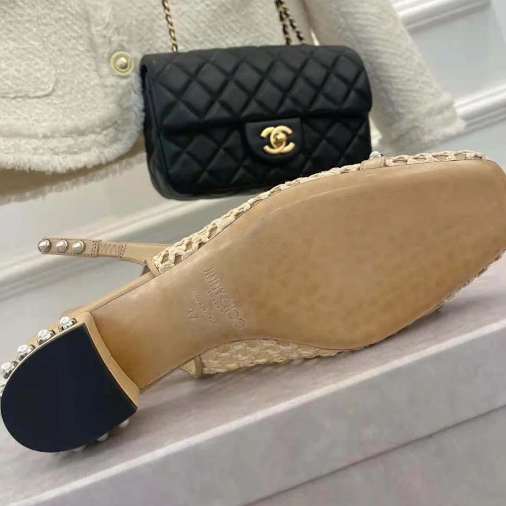 Jimmy Choo Hya 45 Barley Woven Raffia Slingbacks with Pearl Studs for Women