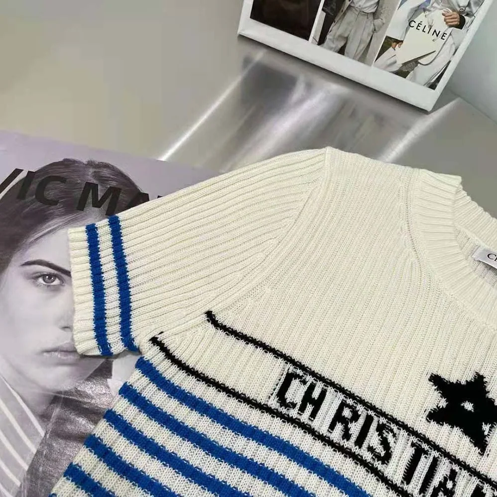 Dior Dioriviera Los Angeles Short-Sleeved Sweater Ecru and Bright Blue Cotton Knit with Signature for Women Dior Dioriviera Los Angeles Short-Sleeved Sweater Ecru and Bright Blue Cotton Knit with Signature for Women