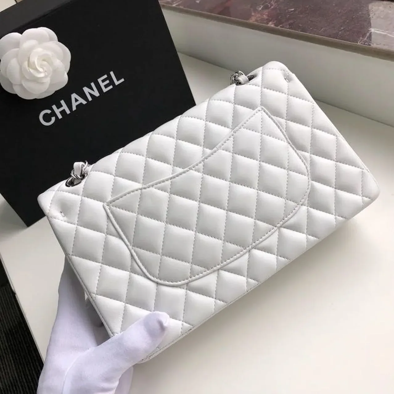 Chanel Classic Double Flap Bag Medium Crossbody in White Silver Hardware