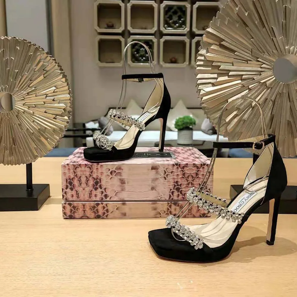 Jimmy Choo Bing Sandal 105 Black Suede Sandals with Crystal Straps for Women Jimmy Choo Bing Sandal 105 Black Suede Sandals with Crystal Straps for Women